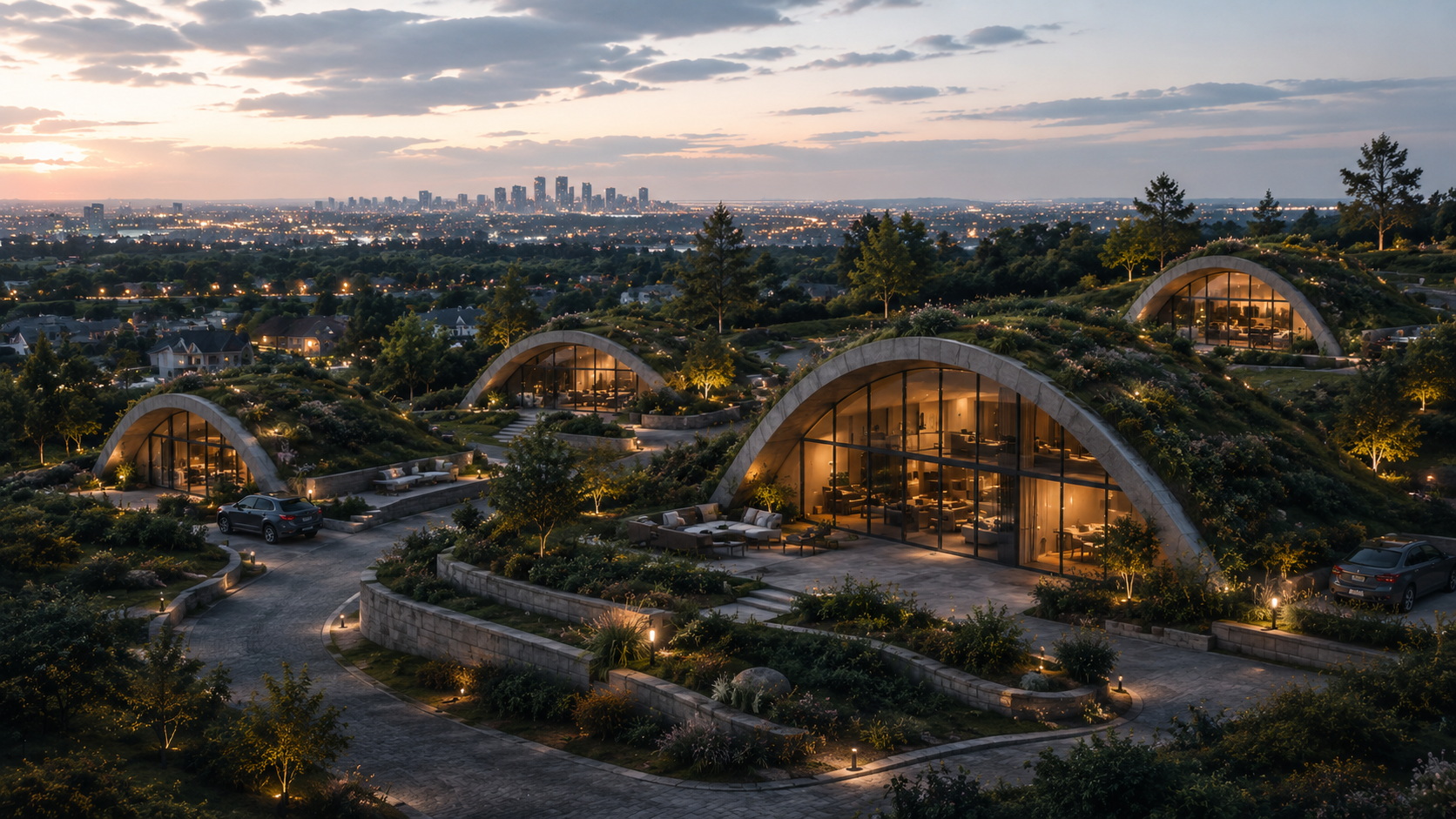 GEODOMAS concrete domes with a green roof and city skyline